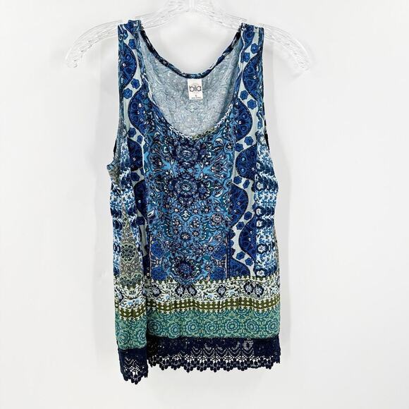 BILA Blue Printed Scoop Neck Embellished Lace Hem Tank Top Women's Size Small - Picture 1 of 10
